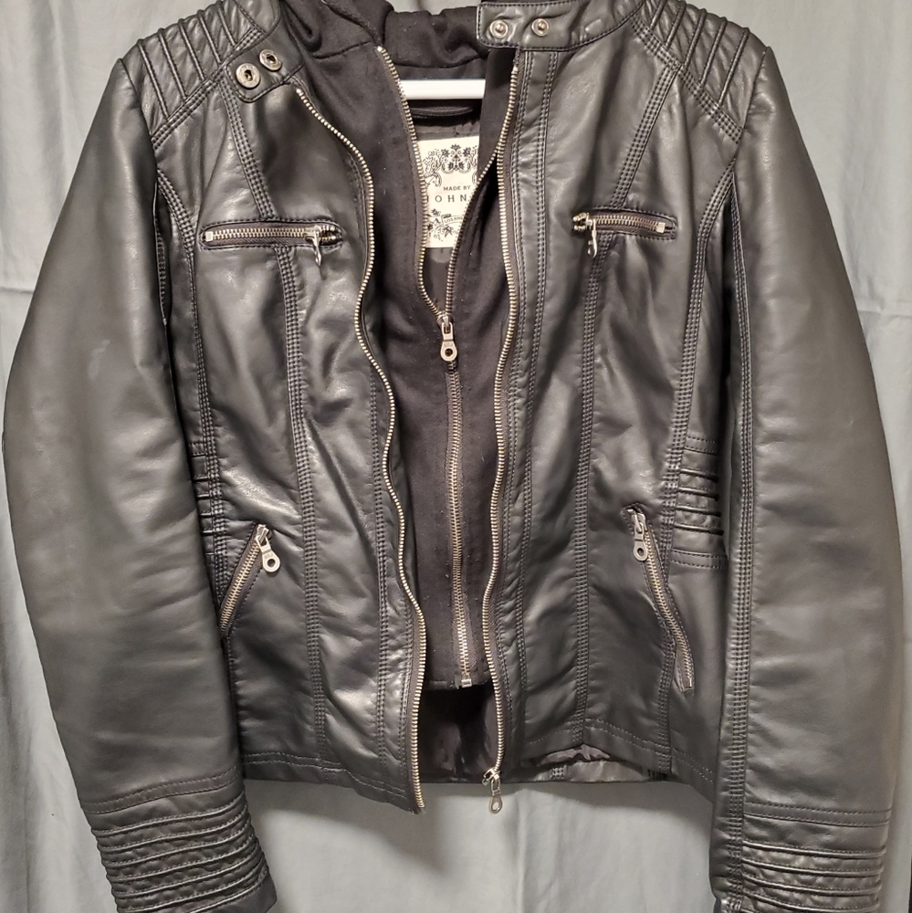 Faux Leather Jacket with Hoodie